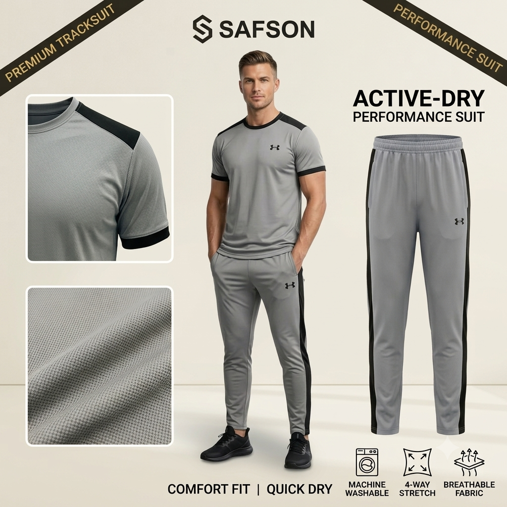 SAFSON Grey Dry-Fit Unisex Tracksuit | Men's & Women's Quick-Dry Gym & Athletic Suit