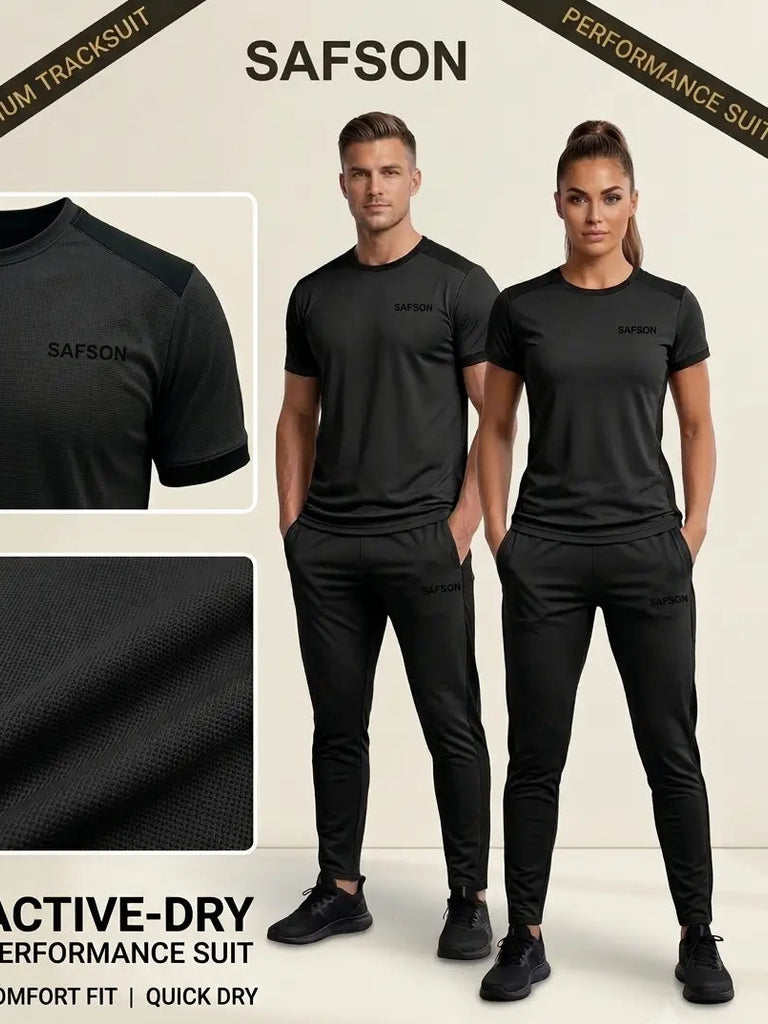 A promotional graphic for a SAFSON active-dry performance tracksuit, featuring a man and a woman modeling black athletic tracksuits. The layout includes close-up inset images of the black fabric texture and a chest logo, along with text highlighting features like comfort fit, quick dry, and machine washable fabric.