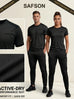 A promotional graphic for a SAFSON active-dry performance tracksuit, featuring a man and a woman modeling black athletic tracksuits. The layout includes close-up inset images of the black fabric texture and a chest logo, along with text highlighting features like comfort fit, quick dry, and machine washable fabric.